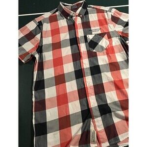 Men’s Deschutes Brewery Short Sleeve Plaid Button Shirt LARGE Beer Pub Wear